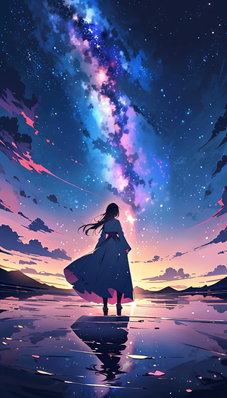 ((best quality)), ((master piece)), ((ultra wide angle)),night,Women、,standing on the salt lake,The water surface is like a mirror,Reflecting the sky。look at the sky,The Milky Way is in the sky,cherry blossoms,cherry blossoms並木,ピンクのcherry blossoms,cherry blossomsの巨木