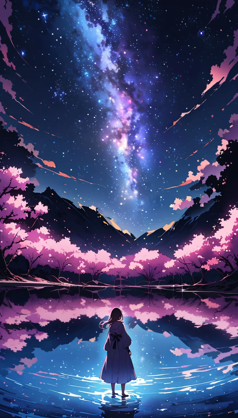 （（best quality））， （（master piece））， （（ultra wide angle）），night,Women、，standing on the salt lake，The water surface is like a mirror，Reflecting the sky。look at the sky，The Milky Way is in the sky,cherry blossoms,cherry blossoms並木,ピンクのcherry blossoms,cherry blossomsの巨木