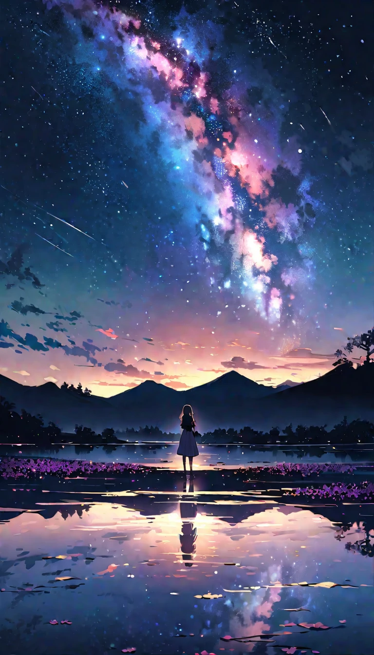 ((best quality)), ((master piece)), ((ultra wide angle)),night,Women、,standing on the salt lake,The water surface is like a mirror,Reflecting the sky。look at the sky,The Milky Way is in the sky,cherry blossoms,cherry blossoms並木,ピンクのcherry blossoms,cherry blossomsの巨木