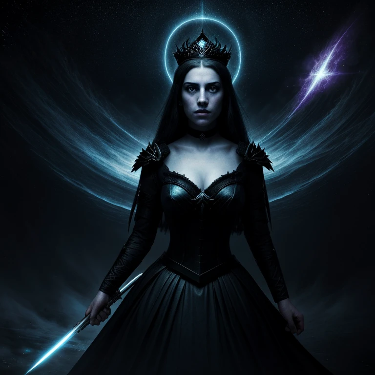 Ghostly princess, mournful lady, malevolent, fighting in the battlefield casting a dark spell, dark energy aura, full figure portrait, three quarter wiew, masterpiece, 8k resolution, warp space background, Caravaggio art, digital art