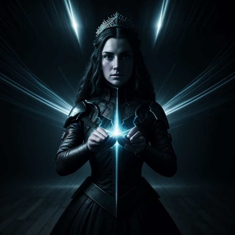 Ghostly princess, mournful lady, malevolent, fighting in the battlefield casting a dark spell, dark energy aura, full figure portrait, three quarter wiew, masterpiece, 8k resolution, warp space background, Caravaggio art, digital art