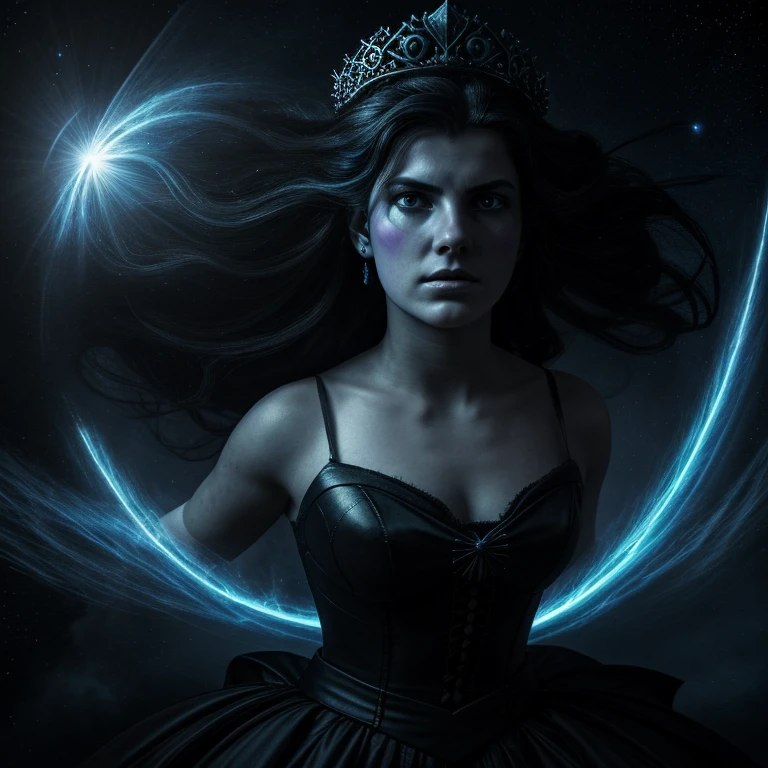 Ghostly princess, mournful lady, malevolent, fighting in the battlefield casting a dark spell, dark energy aura, full figure portrait, three quarter wiew, masterpiece, 8k resolution, warp space background, Caravaggio art, digital art