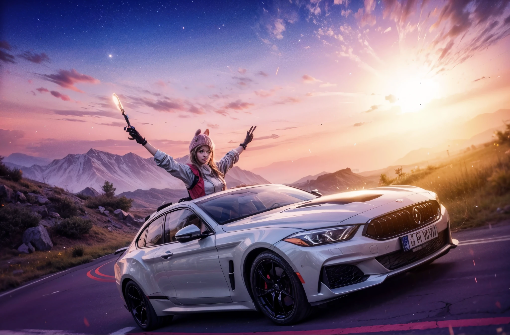 araffe on top of a white car with a man on top, bright light masterpiece, 8k in the style, outrun style, illustration 8 k, 8k scene, inspired by Mike Winkelmann, fantasy style 8k octane render, High quality, detailed texture.