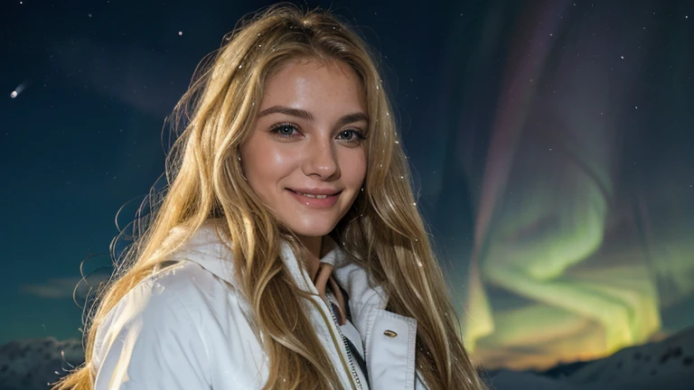 The long-haired blonde woman is smiling in a white coat with a snowy background and a beautiful aurora and starry sky at night