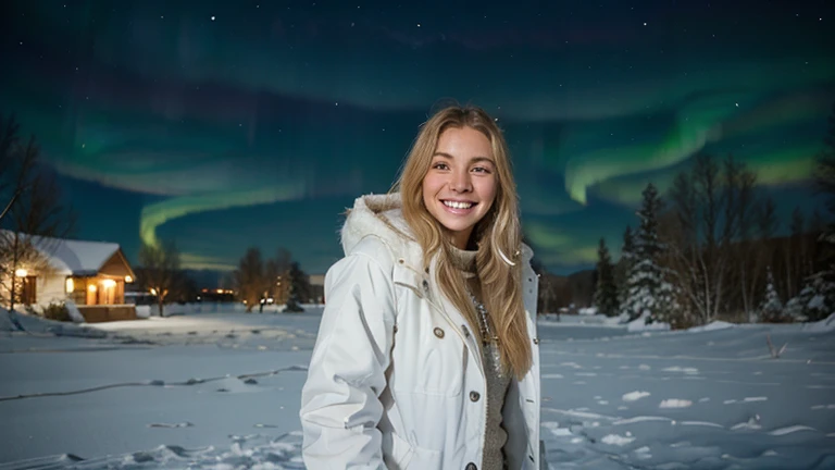 The long-haired blonde woman is smiling in a white coat with a snowy background and a beautiful aurora and starry sky at night