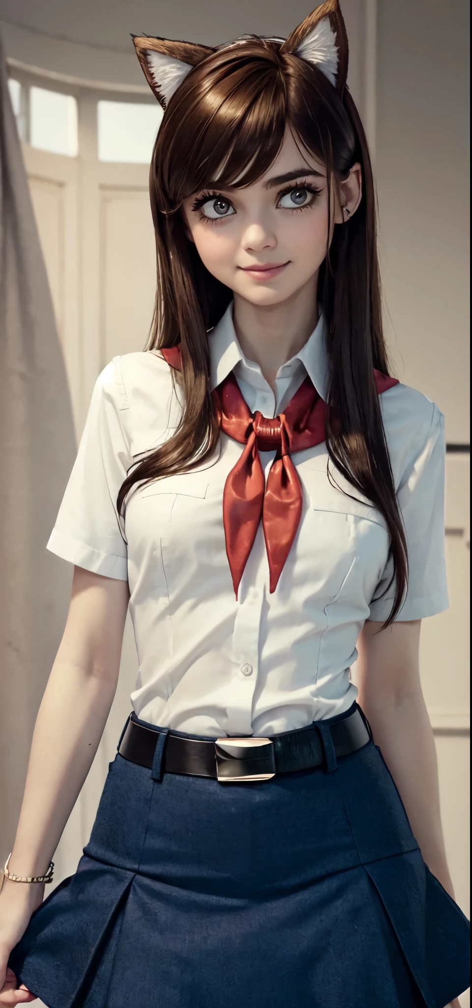 very young slim fit girl, at full height, rounded face, very long disheveled dark brown hair, big brown eyes, shy smile, accurate eyebrows, perfect flat breast, band on head with fake cat ears, parororo, pioneer neckerchief, blue thight microskirt, bangs, shirt, collarbone, white shirt, short sleeves, (collared shirt:1.3), belt, eyelashes, (red neckerchief:1.3), breast pocket, accurate small snub nose, ariawm