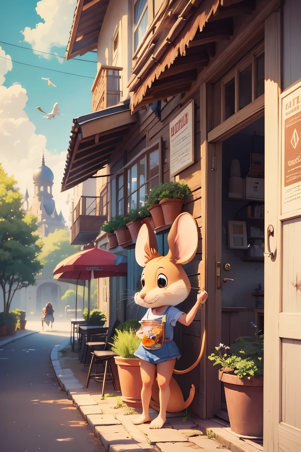 cute dressed mouse enjoying a peanut butter cup ice cream outside, sunny summer day, 2D, fantasy, cartoon style --auto --s2