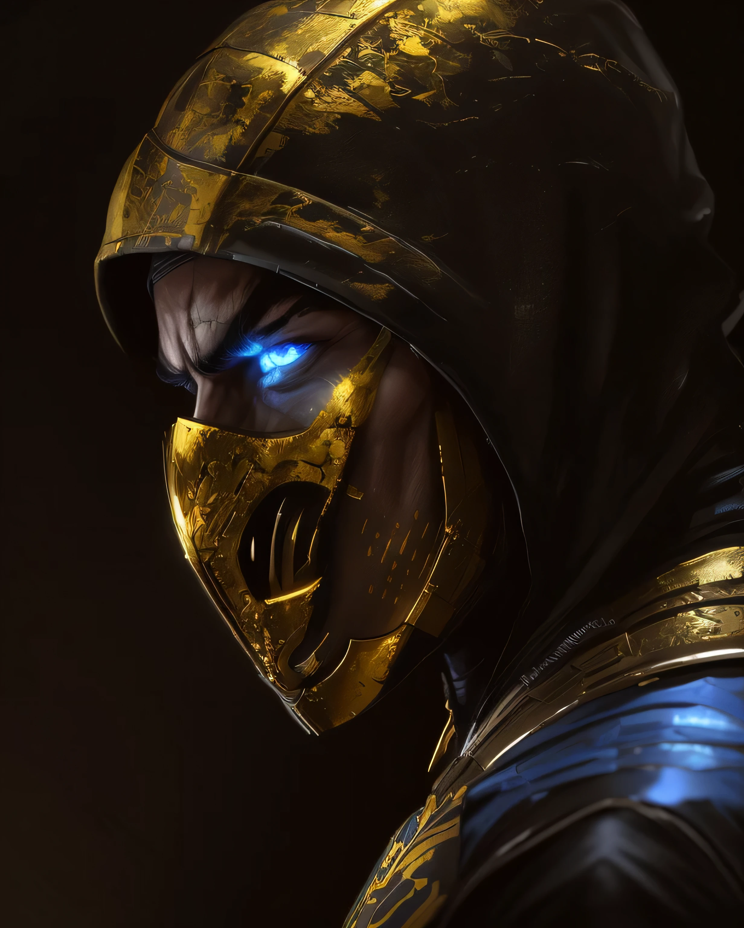 a portrait, scorpion from mortal kombat, detailed blue eyes, bladk anc gold armor, hood, veins on his arm, Intricate, High Detail, Sharp focus, dramatic, photorealistic painting art by greg rutkowski