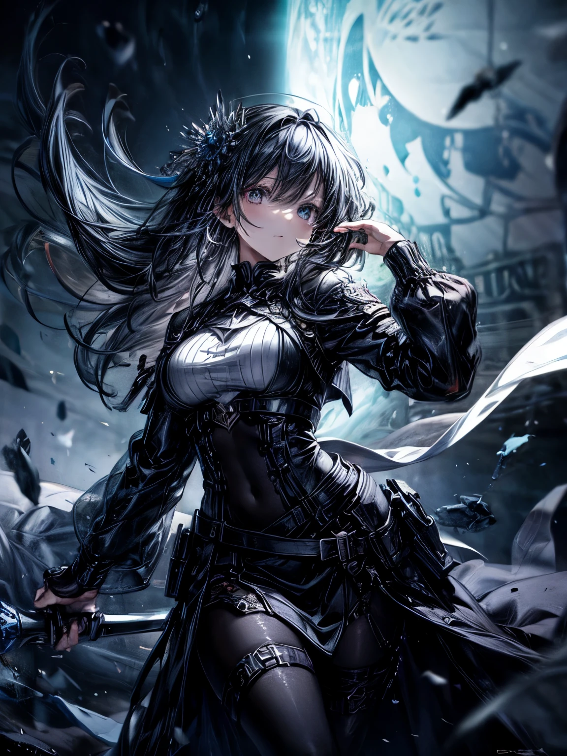 A woman in a black dress holding a sword in a dark room - SeaArt AI