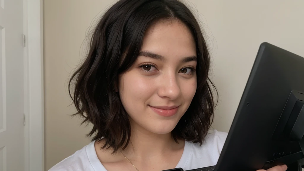 portrait of a cute 20 year old American girl , on a Discord video call, thick wavy black hair, smirking, long eyelashes,
upper body, facing viewer, 8k, super detail, best quality, 1080P, 1080P, 1080P, 4K, 8k, 16k, HD, 1080P