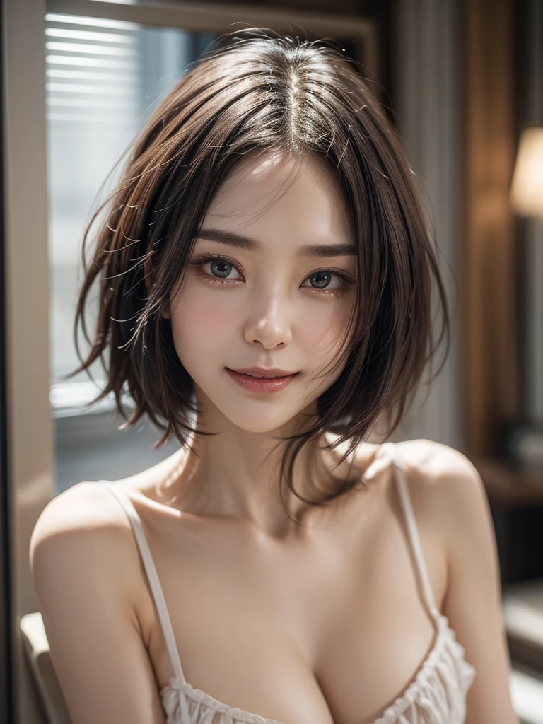 (closed:1.3),((Highest image quality, 8K,32K,Masterpiece,masterpiece: 1.2),Raw photo,(real:1.4)),超High resolution, 超real, High resolution,_Breaking(1Girl:1.5),professional lighting,24-years-old,Beauty,beautiful,small face,oval face,Golden Ratio Face,8 heads and bodies,fine skin,beautiful肌,,double,beautiful目,delicate eyes、(smile,Happy:1.3),(Gradient brown hair,shiny hair,short hair,Randomly arranged hairstyle:1.2),light makeup,(anatomically correct),,(plump breasts,D cup breasts,beautiful胸,beautiful鎖骨:1.5),eyes closed,Kissing,
