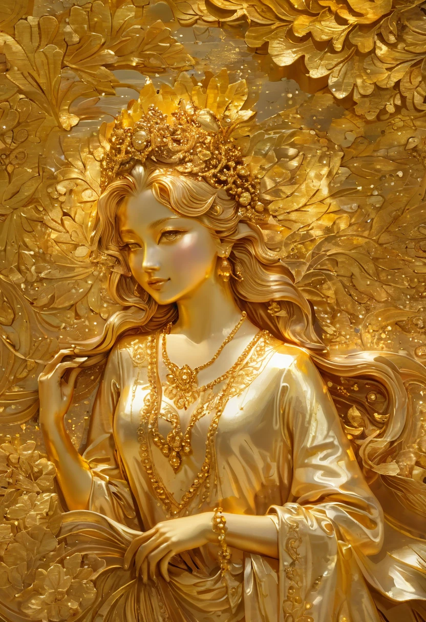 1girl, Gold Leaf Art, goldcarvingcd_xl, jinsixiangyun, traditional, golden, Gold Foil Art, gold leaf,gilded details,shimmering surface,meticulous craftsmanship,rich texture,ornate patterns,hand-applied gold leaf,golden accents,delicate brushwork,reflective surfaces,luxurious finish,breathtaking beauty,meticulous detailing,elegant composition,fine art masterpiece,visual opulence,vibrant colors,glowing golden hue,dramatic contrast,subtle shine,golden radiance,exquisite craftsmanship,gleaming surfaces,richly layered,illumination quality,baroque influences,refined elegance,luminous highlights,rich and regal,unparalleled luxury,artistic magnificence,timeless beauty,self-reflective surfaces,polished luminosity,lustrous appearance,dazzling brilliance,opulent aesthetic,opulent opulence,limitless beauty,decorative embellishments,unmatched elegance,celestial luminosity,heavenly glow,fine brushstrokes,delicate intricacy,detailed precision,exquisite artistry,dazzling exuberance,unparalleled grandeur,luxurious embellishments,illuminating radiance,dynamic texturing