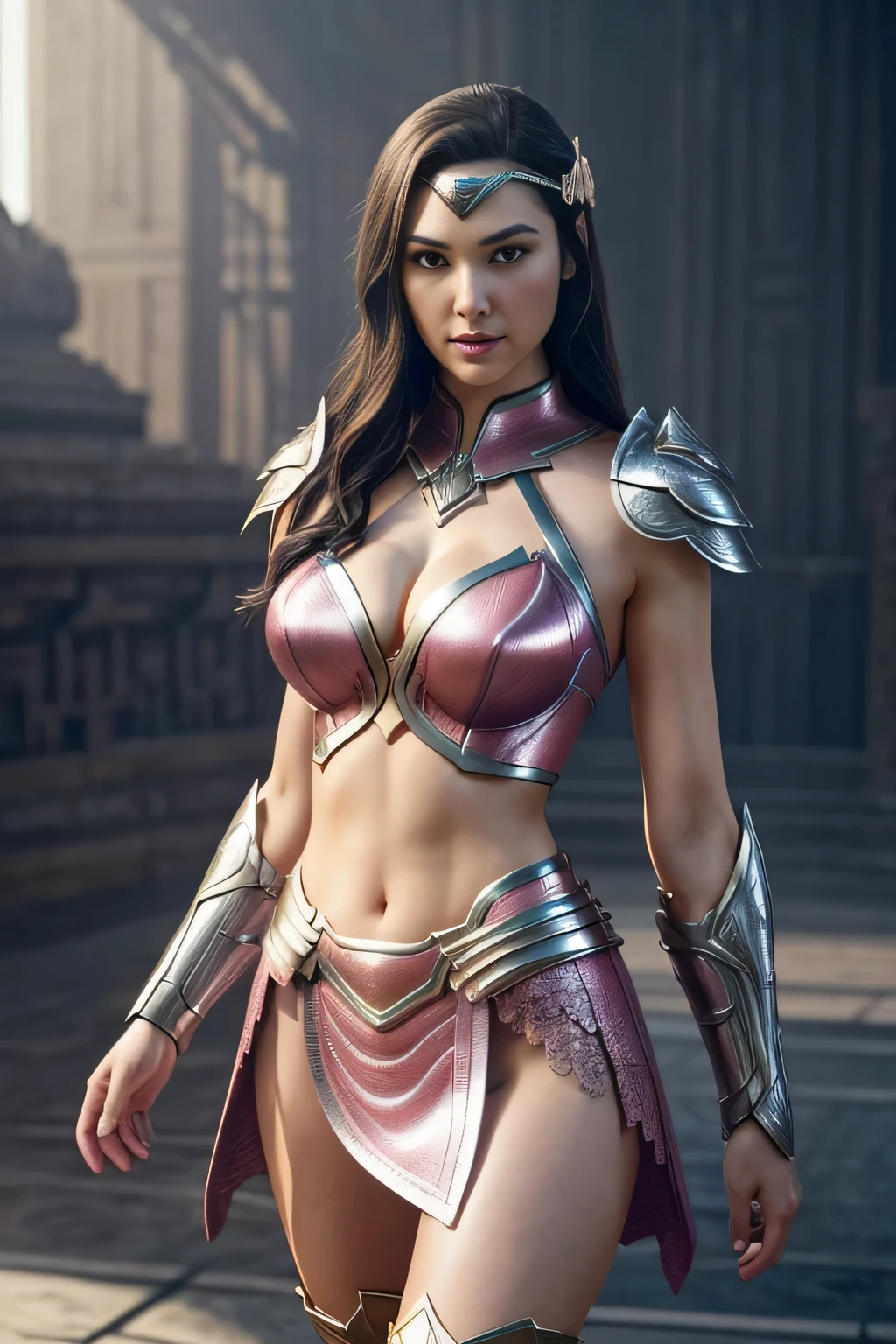 Gal gadot sexy woman in a white gold and pink lotus lace armor skirt, chengwei pan on artstation, by Yang J, detailed fantasy art, stunning character art, fanart best artstation, epic exquisite character art, beautiful armor, extremely detailed artgerm, detailed digital anime art, artgerm on artstation pixiv, armor girl, cleavage big breasts:1.2, (mini skirt:1,5)