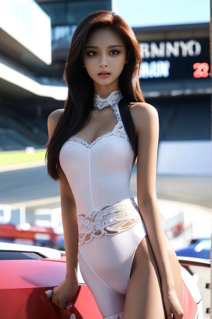 Tzuyu 1, woman, (realistic), (hyper realism), (photorealistic), Depth of the bounds written, eye make up:0.7 (whole body:1.2), (tight waist), looking at the viewer,at the racing track, lace queen, Sexy costume with open shoulders and chest