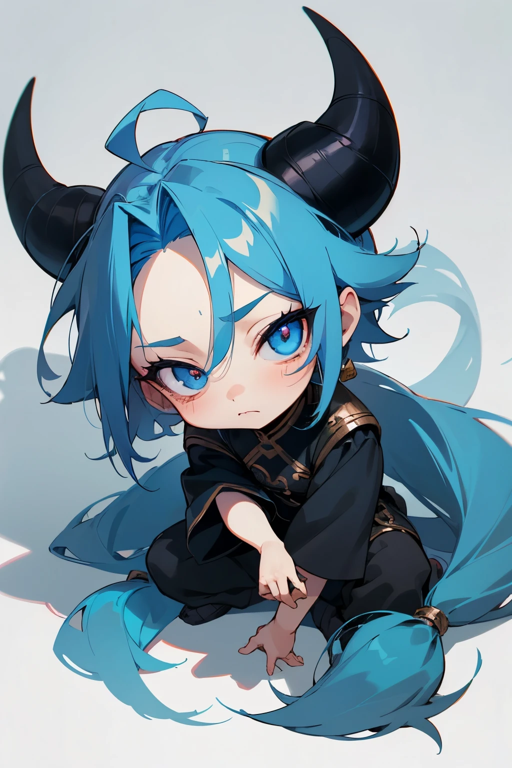 boy, full body, cartoon style, chibi style, cute, monkey tail, Demon horns from the forehead, beautiful face, sleepy face, blue color eye, beautiful eye, high detailed pupil, double eyeylid, high detailed skin, high quality skin, blue color hair, black clothes, masterpiece,