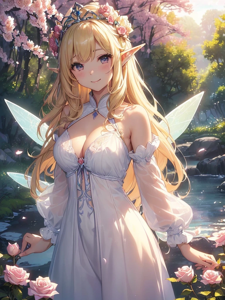 最high quality、best image quality、masterpiece、beautiful face、、titania、Super beautiful elf beauty((22 year old office lady big bust、bust 90,beautiful long ironed hair、blonde、Transparent fairy wings、height: 165cm。thin、sexy、cowboy shot,、Esbian、beautiful tiara、morning、sunrise、high quality、美しいart、、、pieces fly、ビジュアルart、written boundary depth、、elf ears、、lightのmagic、universe、happy smile、穏やかなlight、beautiful forest、cherry blossoms、、elegant、ticker beautiful decorative、、、mystery的な rosa、Rose、、magicのflower、flowerを作るmagic、light、 null、beautiful dressy、Beautiful dress、art、Lord of the Ring、spectacular scenery、sexy、A friendly smile、wonderful、cherry blossoms、舞い散るflowerびら、cherry blossomsのflower、flower畑、nature、universeのmagic、magicのlight、fantasy、flower、super REALITYa lotのRose、magic、Grow fantasy、、mysteryのlight、art nouveau、Alphonse a lot、、art、art,mystery,UHD,magicalgentle light,sexy、