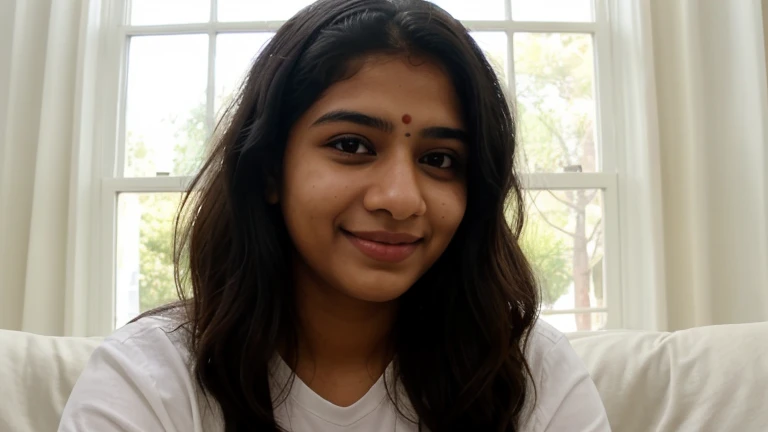 portrait of a cute 20 year old Indian girl , on a Discord video call, thick wavy black hair, smirking, long eyelashes,
upper body, facing viewer, 8k, super detail, best quality, 1080P, 1080P, 1080P, 4K, 8k, 16k, HD, 1080P