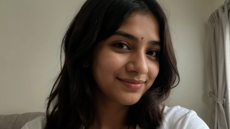 portrait of a cute 20 year old Indian girl , on a Discord video call, thick wavy black hair, smirking, long eyelashes,
upper body, facing viewer, 8k, super detail, best quality, 1080P, 1080P, 1080P, 4K, 8k, 16k, HD, 1080P
