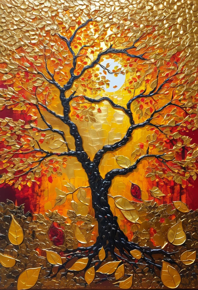 (gold leaf art:1.5), oil painting style on canvas, beautiful tree, golden leaf, fallen golden leaves, autumn, gold leaves glued in places of gold, vibrant colors, sunlight, detailed branches, intricate patterns, peaceful atmosphere, surreal, ethereal lighting