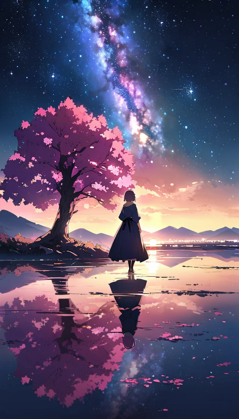 ((best quality)), ((master piece)), ((ultra wide angle)),night,Women、,standing on the salt lake,The water surface is like a mirror,Reflecting the sky。look at the sky,The Milky Way is in the sky,cherry blossoms,cherry blossoms並木,ピンクのcherry blossoms,cherry blossomsの巨木
