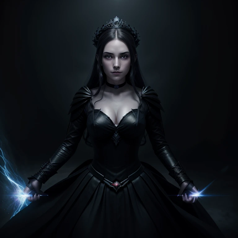Ghostly princess, mournful lady, malevolent, fighting in the battlefield casting a dark spell, dark energy aura, full figure portrait, three quarter wiew, masterpiece, 8k resolution, warp space background, Caravaggio art, digital art