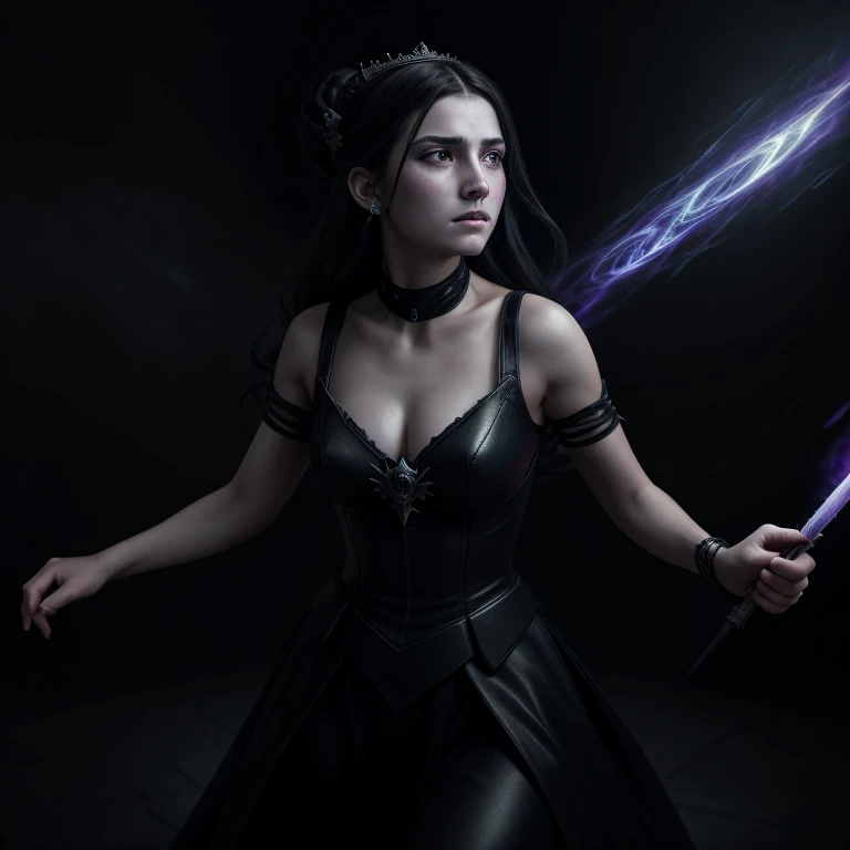 Ghostly princess, mournful lady, malevolent, fighting in the battlefield casting a dark spell, dark energy aura, full figure portrait, three quarter wiew, masterpiece, 8k resolution, warp space background, Caravaggio art, digital art