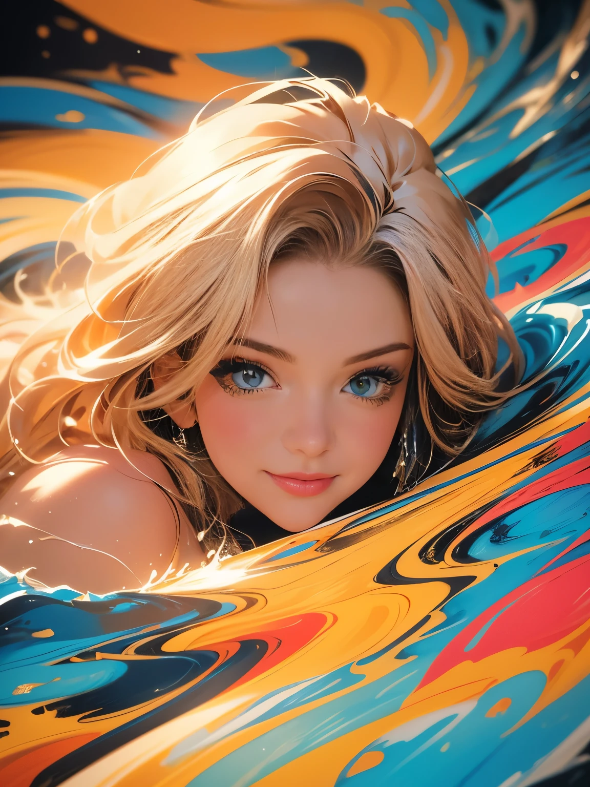 (((from above extreme closeup))) An ultra hot gorgeous European woman, age 23, she’s a playmate and men magazine model | blonde wavy hair | (((lying on the ground))) | ((naked)) ((smiling)) her body is covered with a vibrant and dynamic abstract painting splashes created using gouache, showcasing a harmonious blend of bold colors with fluid brushstrokes, inviting the viewer to immerse themselves in the ethereal beauty of the composition. the layers of translucent paint create a sense of depth and movement, evoking a feeling of serenity and contemplation. The background is full of powerful waves of compris gouache painting, abstract art, street art style spray paint
