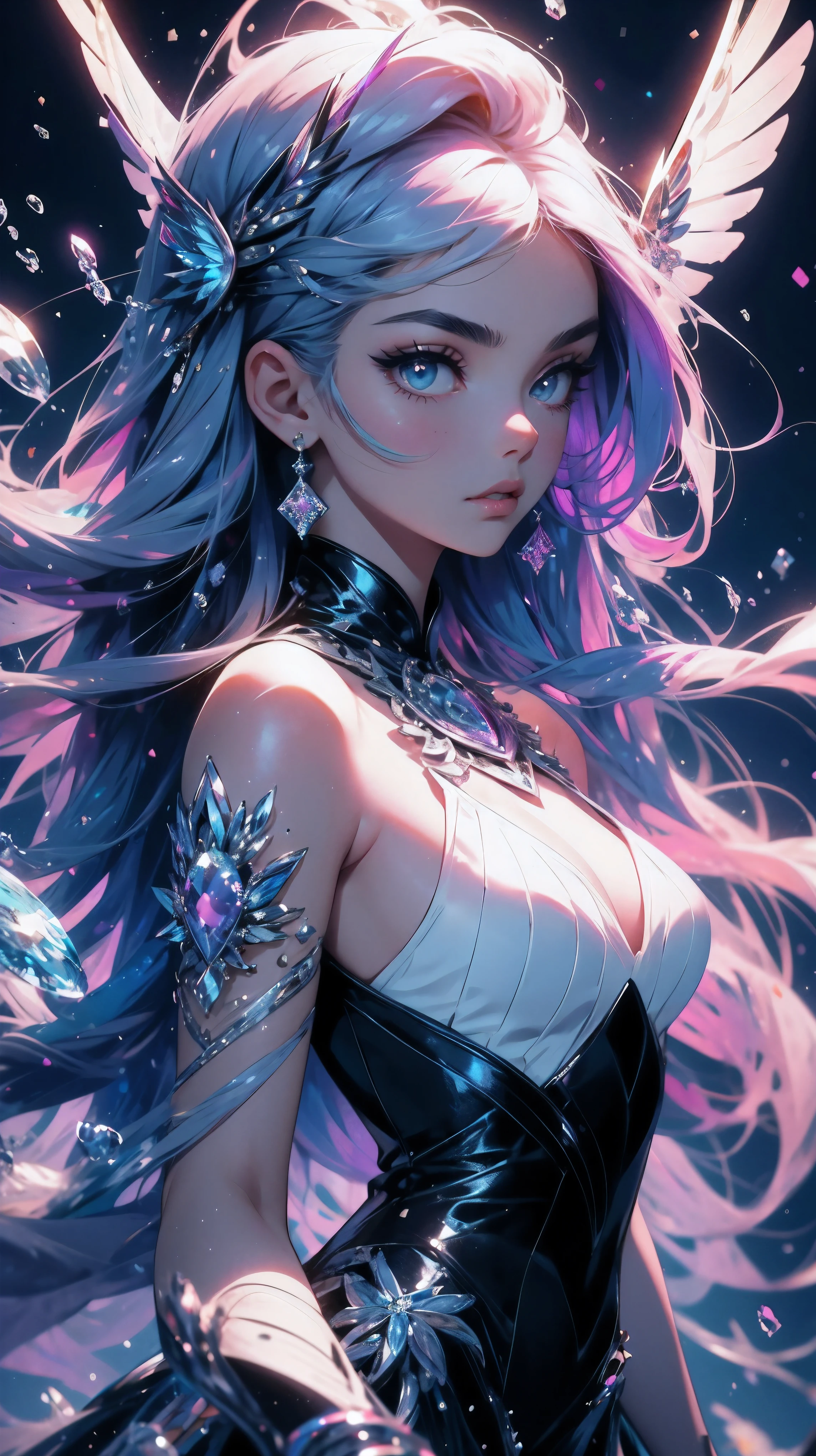 beautiful young girl, with blue and purple hair, her zodiac sign is Pisces, femme fatale, a dress made of mother-of-pearl fish scales, water on the background, zodiac theme, mystical atmosphere, hd, 8k, luxury, sticker, sticker pack, icons, sticker with white contour, white contour