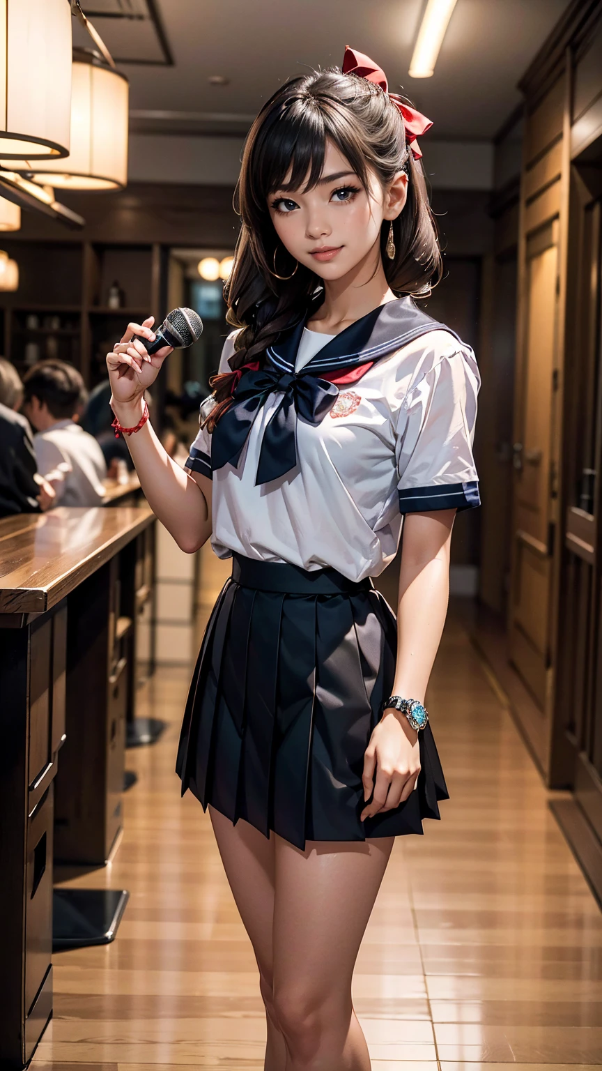 ((最high quality, 8K, masterpiece: 1.3, Ultra HD, high quality, 最high quality, High resolution, realism)) 、An extremely beautiful 18-year-old Japanese woman、hair color is black、black eye、medium hair、straight hair、smile、Slender but well-proportioned, slim and muscular body、Athlete-like body type、I don&#39;t want my head to disappear from the screen.、Sailor uniform、Wear a navy blue pleated skirt、wear loafers、Brown inner color((colored inner hair))、Hair behind ears((hair behind ear))、hair band((hair ribbon))、Vertical roll on one side((side drill))、Being in the karaoke box、マイクを握ってsmileで熱唱、put a scrunchie on your wrist