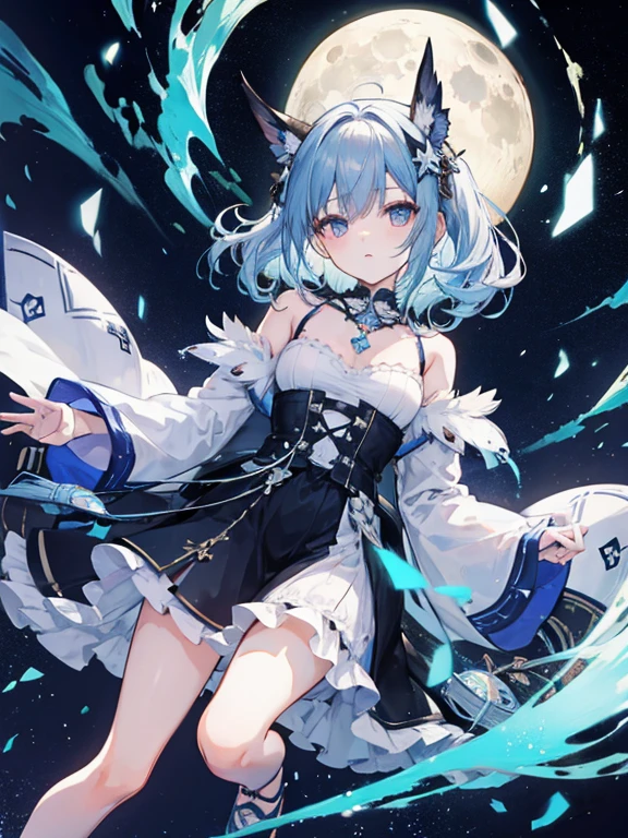 highest quality,（（（Gray with blue hair）））（（（bob hair）））,whole body,bustle black skirt蝶,（（（moon hair ornament）））,Moon Necklace,Black pumps,wavy hair,Slender,middle chest,whole body,white background,hair ornamental