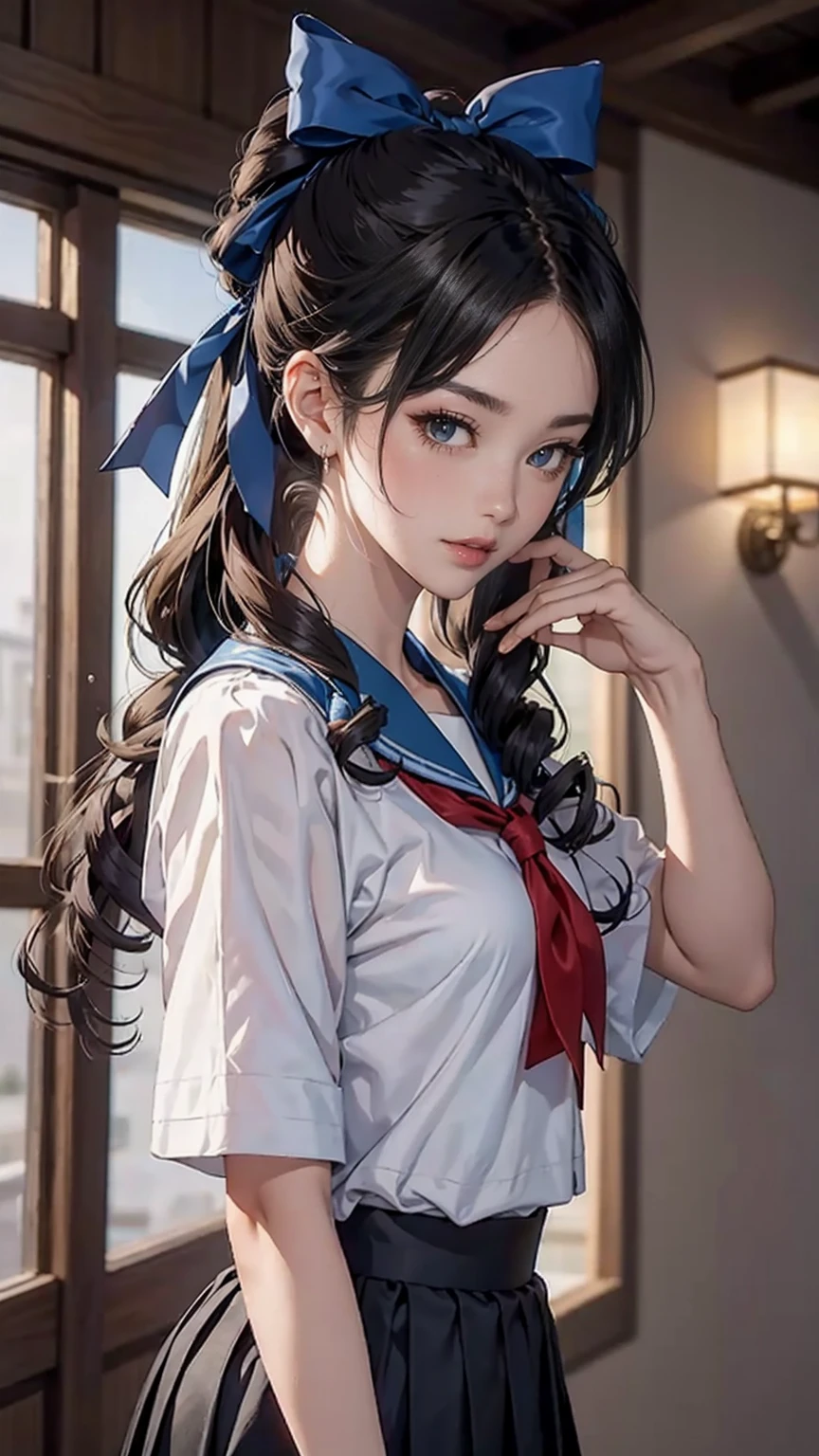 ((最high quality, 8K, masterpiece: 1.3, Ultra HD, high quality, 最high quality, High resolution, realism)) 、An extremely beautiful 18-year-old Japanese woman、hair color is black、black eye、medium hair、straight hair、smile、Slender but well-proportioned, slim and muscular body、Athlete-like body type、I don't want my head to disappear from the screen.、Sailor uniform、Wear a navy blue pleated skirt、wear loafers、Brown inner color((colored inner hair))、Hair behind ears((hair behind ear))、hair band((hair ribbon))、Vertical roll on one side((side drill))、Being in the karaoke box、マイクを握ってsmileで熱唱、put a scrunchie on your wrist