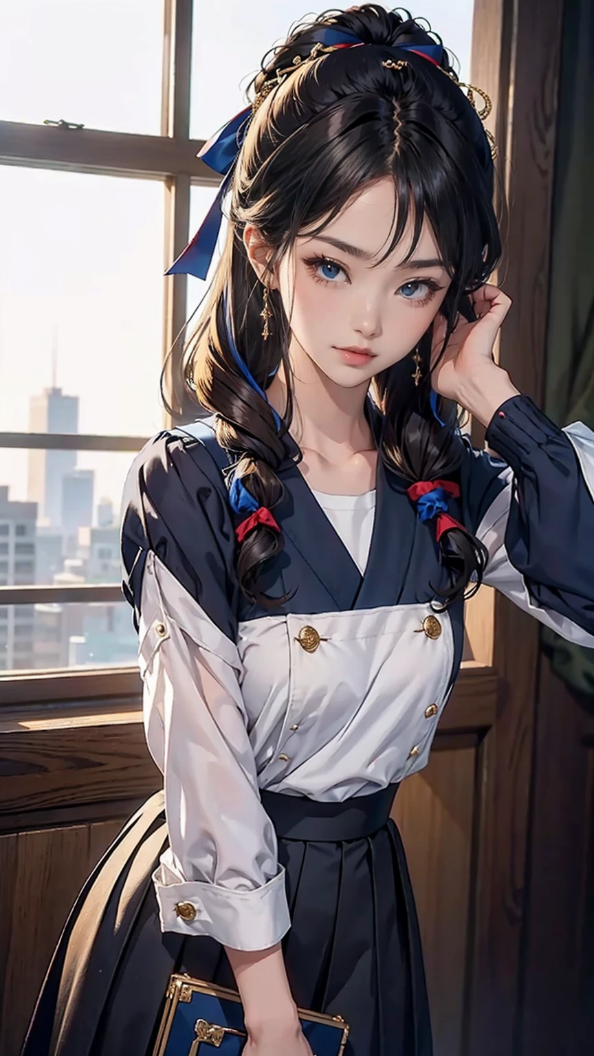 ((最high quality, 8K, masterpiece: 1.3, Ultra HD, high quality, 最high quality, High resolution, realism)) 、An extremely beautiful 18-year-old Japanese woman、hair color is black、black eye、medium hair、straight hair、smile、Slender but well-proportioned, slim and muscular body、Athlete-like body type、I don't want my head to disappear from the screen.、Sailor uniform、Wear a navy blue pleated skirt、wear loafers、Brown inner color((colored inner hair))、Hair behind ears((hair behind ear))、hair band((hair ribbon))、Vertical roll on one side((side drill))、Being in the karaoke box、マイクを握ってsmileで熱唱、put a scrunchie on your wrist