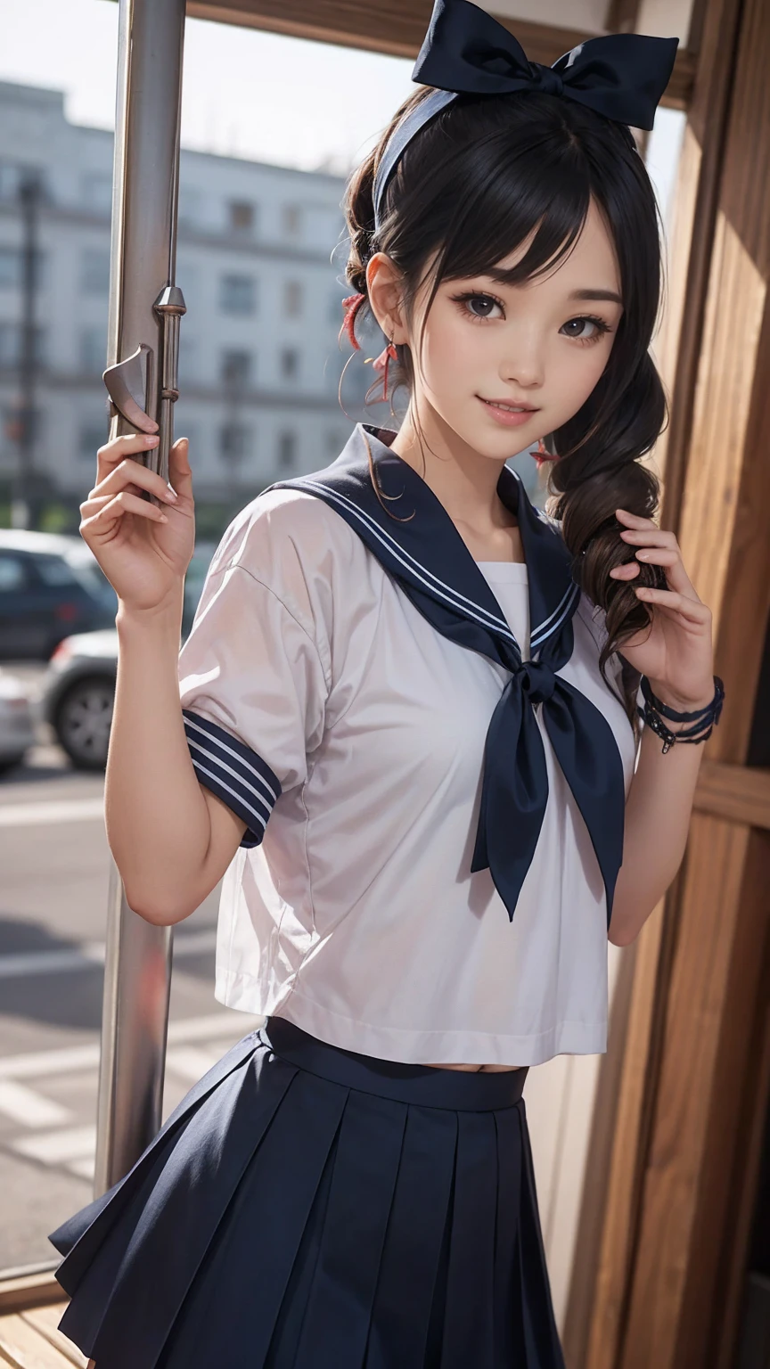 ((最high quality, 8K, masterpiece: 1.3, Ultra HD, high quality, 最high quality, High resolution, realism)) 、An extremely beautiful 18-year-old Japanese woman、hair color is black、black eye、medium hair、straight hair、smile、Slender but well-proportioned, slim and muscular body、Athlete-like body type、I don't want my head to disappear from the screen.、Sailor uniform、Wear a navy blue pleated skirt、wear loafers、Brown inner color((colored inner hair))、Hair behind ears((hair behind ear))、hair band((hair ribbon))、Vertical roll on one side((side drill))、Being in the karaoke box、マイクを握ってsmileで熱唱、put a scrunchie on your wrist