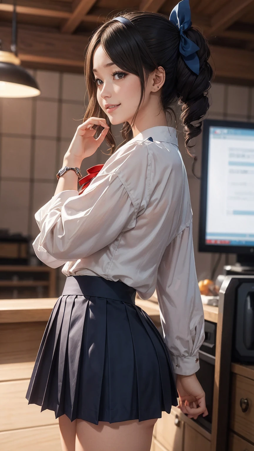 ((最high quality, 8K, masterpiece: 1.3, Ultra HD, high quality, 最high quality, High resolution, realism)) 、An extremely beautiful 18-year-old Japanese woman、hair color is black、black eye、medium hair、straight hair、smile、Slender but well-proportioned, slim and muscular body、Athlete-like body type、I don&#39;t want my head to disappear from the screen.、Sailor uniform、Wear a navy blue pleated skirt、wear loafers、Brown inner color((colored inner hair))、Hair behind ears((hair behind ear))、hair band((hair ribbon))、Vertical roll on one side((side drill))、Being in the karaoke box、マイクを握ってsmileで熱唱、put a scrunchie on your wrist