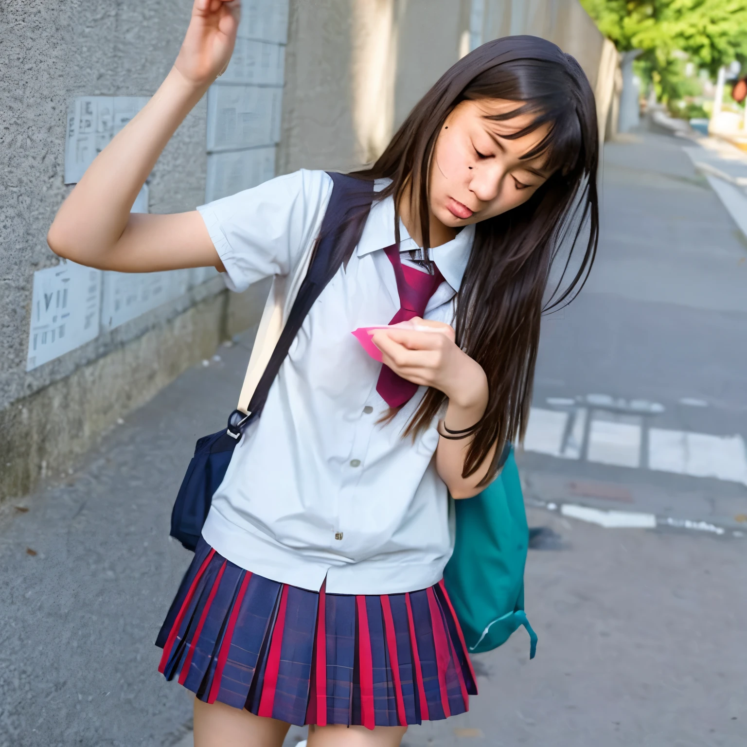 A high school girl vomits outside