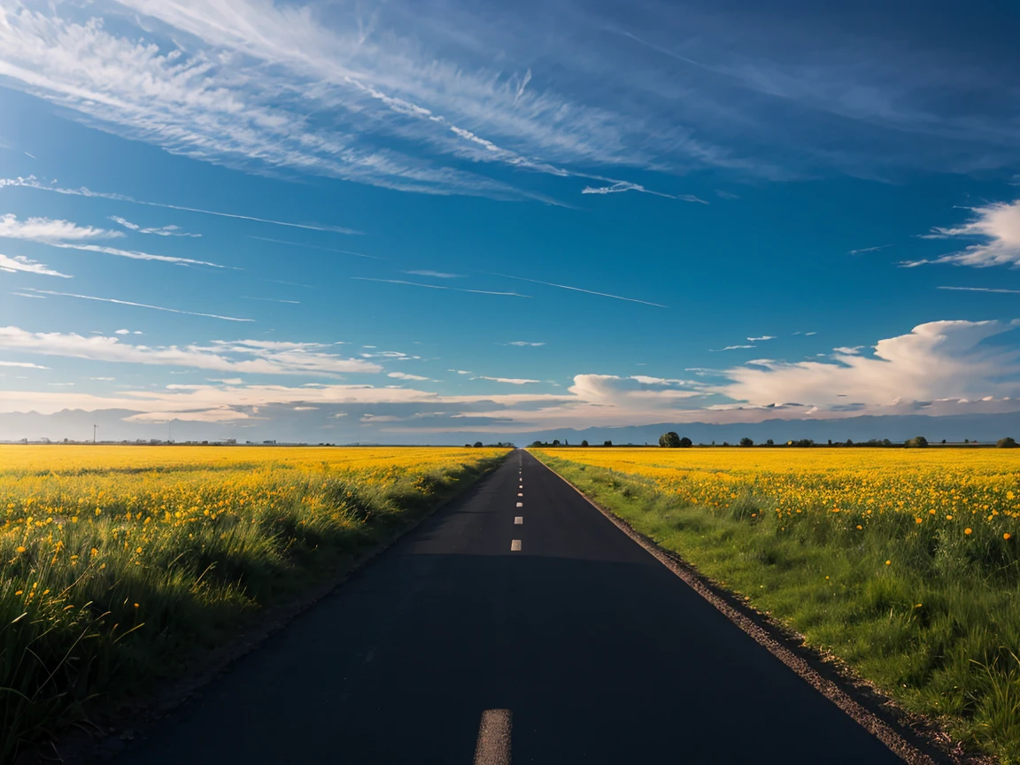 (Super detailed), ((highest quality)), (ultra high resolution,8K), (Highly detailed CG integrated 8k wallpaper), A single road across a beautiful, vast plain, Lush, flower, earth, horizon, cumulonimbus, Blue sky