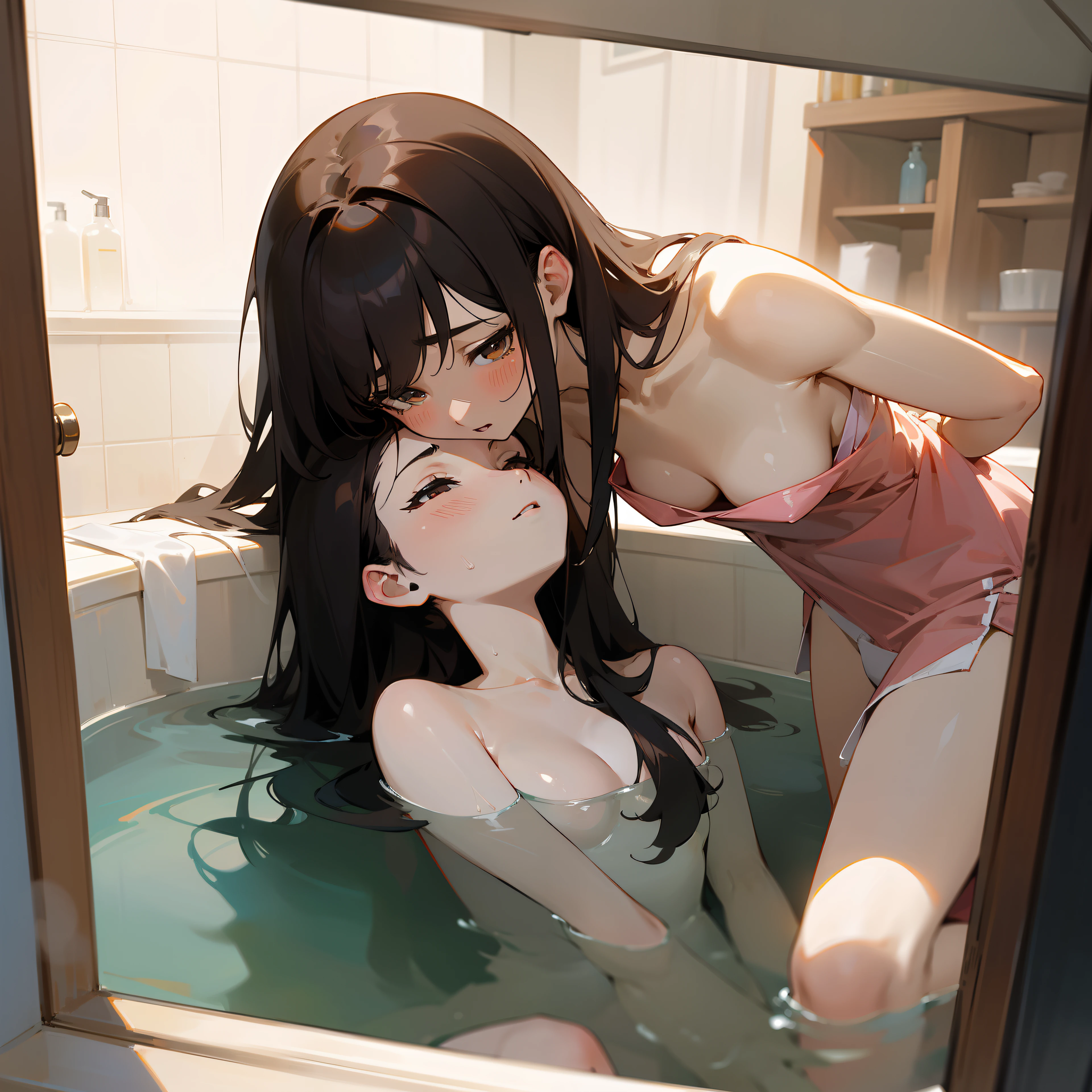 top-quality、​masterpiece、hight resolution、Two beautiful girls、Black hair Long hair、Forehead、Brown hair shortcut、Fluttering hair、Preparing to take a bath、Composition from obliquely below、Bath shop、dressing room、Half-undressed、Peeling off、Panties、no-bra、Sheer towel、kawaii、passionate kiss、homoerotic