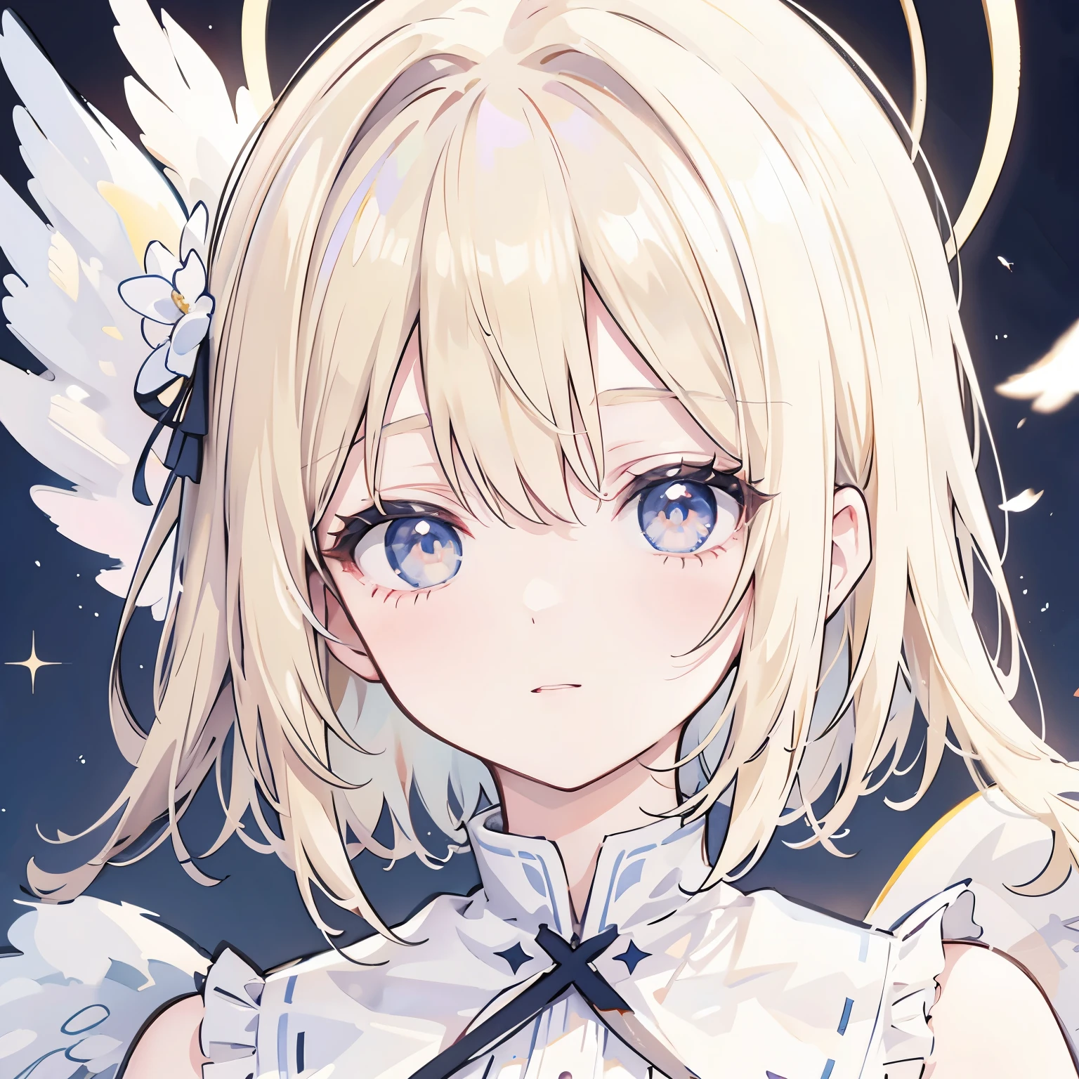 masterpiece, highest quality, Super detailed, figure, (1 girl), detailed and beautiful eyes, looking at the viewer,blonde,Fluffy short hair,White eyes,Pure white clothes,Frilly clothes,ephemeral,face close up,Angel&#39;s wing,