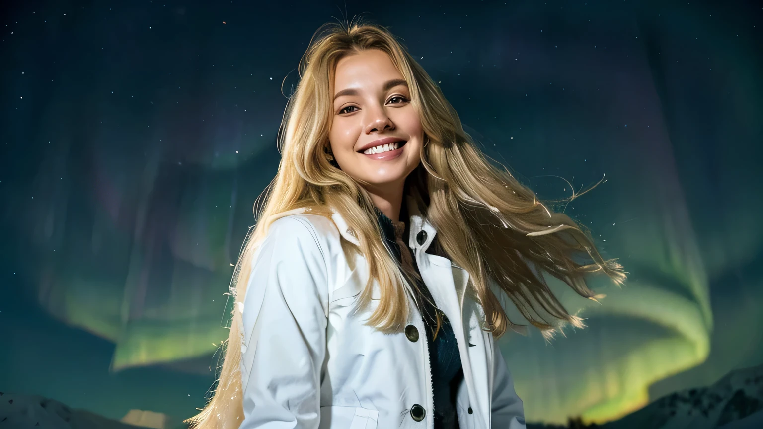 The long-haired blonde woman is smiling in a white coat with a snowy background and a beautiful aurora and starry sky at night