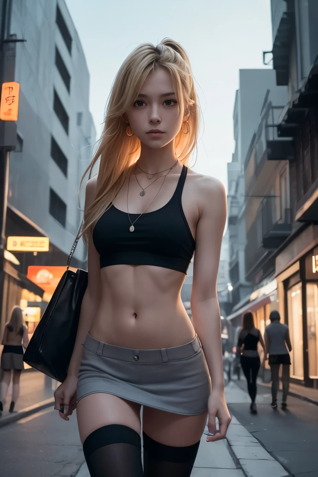 A portrait of a skinny teenage girl with a messy blond hair is walking in the street at night. The girl is wearing a tank top, a miniskirt, and thighhigh socks. She has slender abs and wears earrings. She also has a necklace around her neck. The scene is bathed in the soft glow of street lights, creating a mysterious and enchanting atmosphere. The image should be of the best quality, with ultra-detailed features, and a realistic, photorealistic style. The colors should be vivid, with a touch of cool tones to enhance the nighttime ambiance. The lighting should be atmospheric, emphasizing the girl's silhouette and casting intriguing shadows on the surrounding environment.