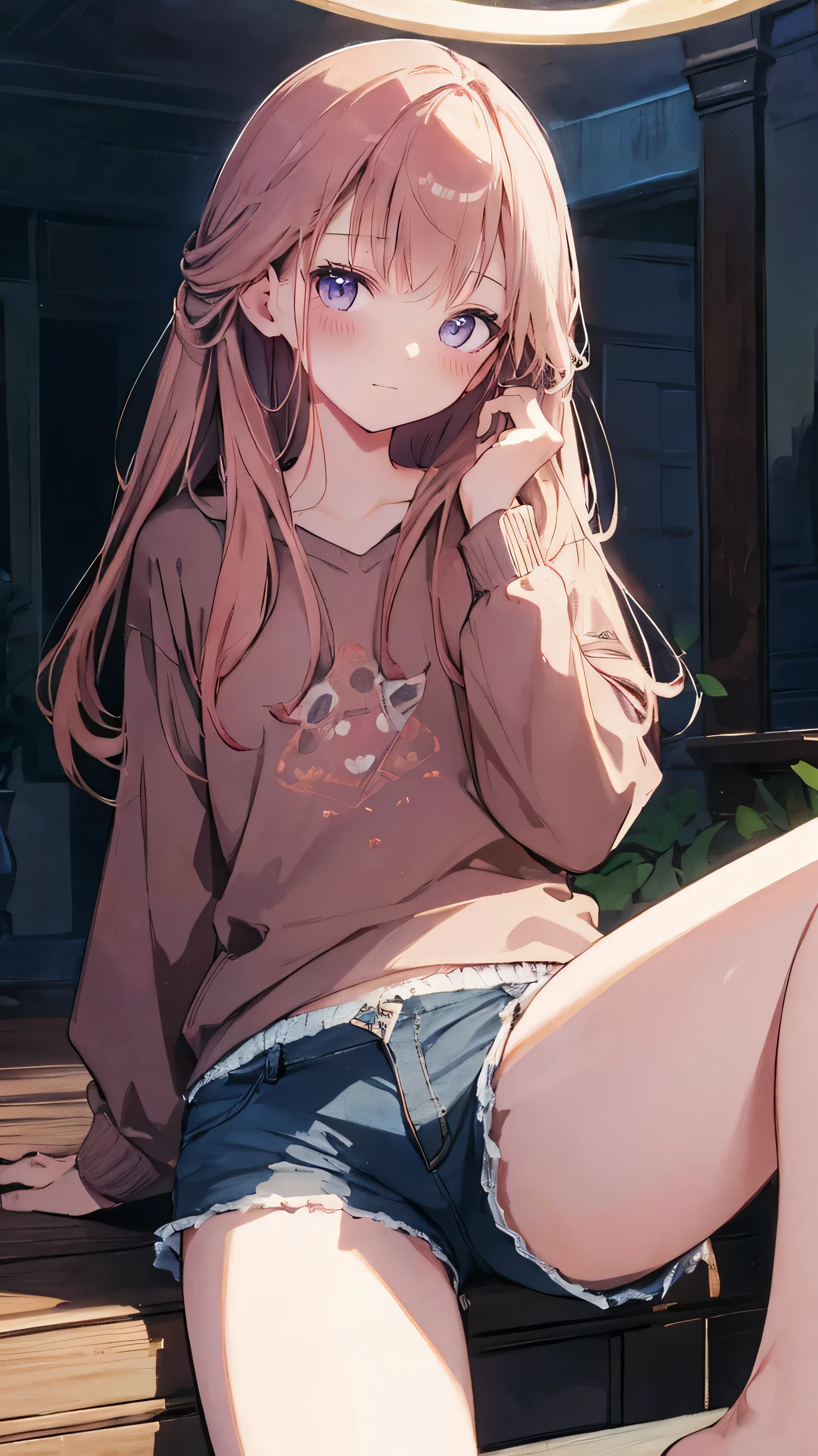master piece、Highest image quality、highest quality、 ((panic))、glossy hair quality、small face、sitting、Super detailed and beautiful bright eyes、Super detailed clear and beautiful face、(cute illustration:1.2), High-resolution, ultra-detailed, best quality, embarrassed、(Gaps in shorts)、(cute underwear)