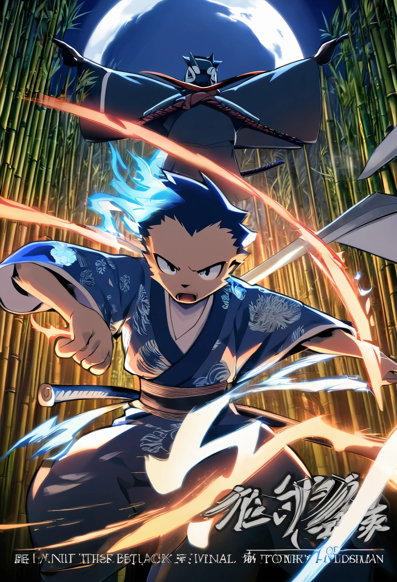 cover_page, highres, top quality, best quality, absurdres, movie posters, perfect anatomy((Beastman)))(furry, 1boy, 1girl) mZatoichi, Blind Swordsman, bamboo forest, dark night with beautiful full moon, rays of light through bamboo, backlighting, Tyndall phenomenon(Japan kimono, ninja, sword with blue flames, battle duels, concentration lines)(((Furry body, animal facial features, animal body features)))full body, sturdy look, shouting, combat regime(dynamic pose),