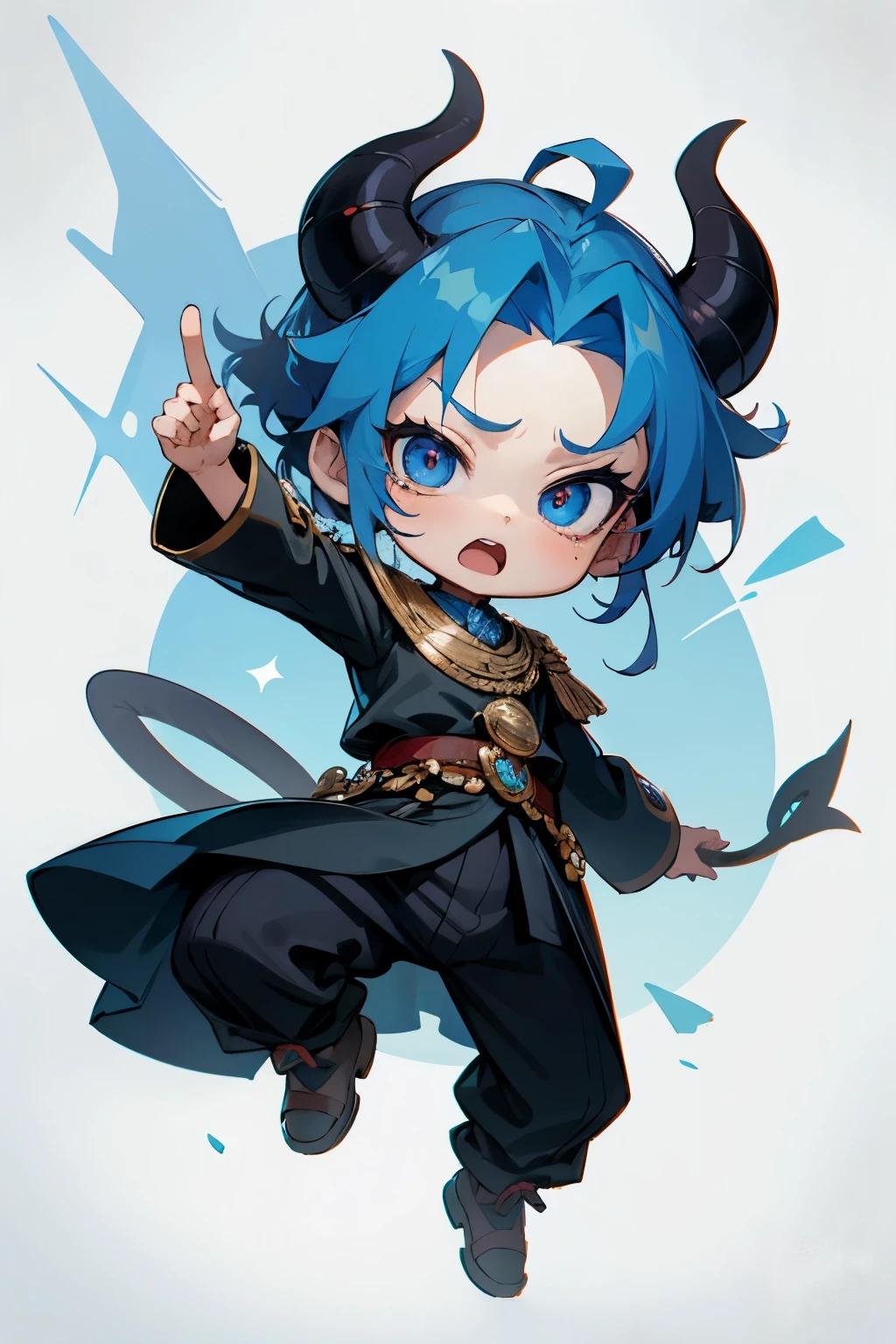 boy, full body, cartoon style, chibi style, cute, monkey tail, Demon horns from the forehead, beautiful face, cry face, blue color eye, beautiful eye, high detailed pupil, double eyeylid, high detailed skin, high quality skin, blue color hair, black clothes, masterpiece,