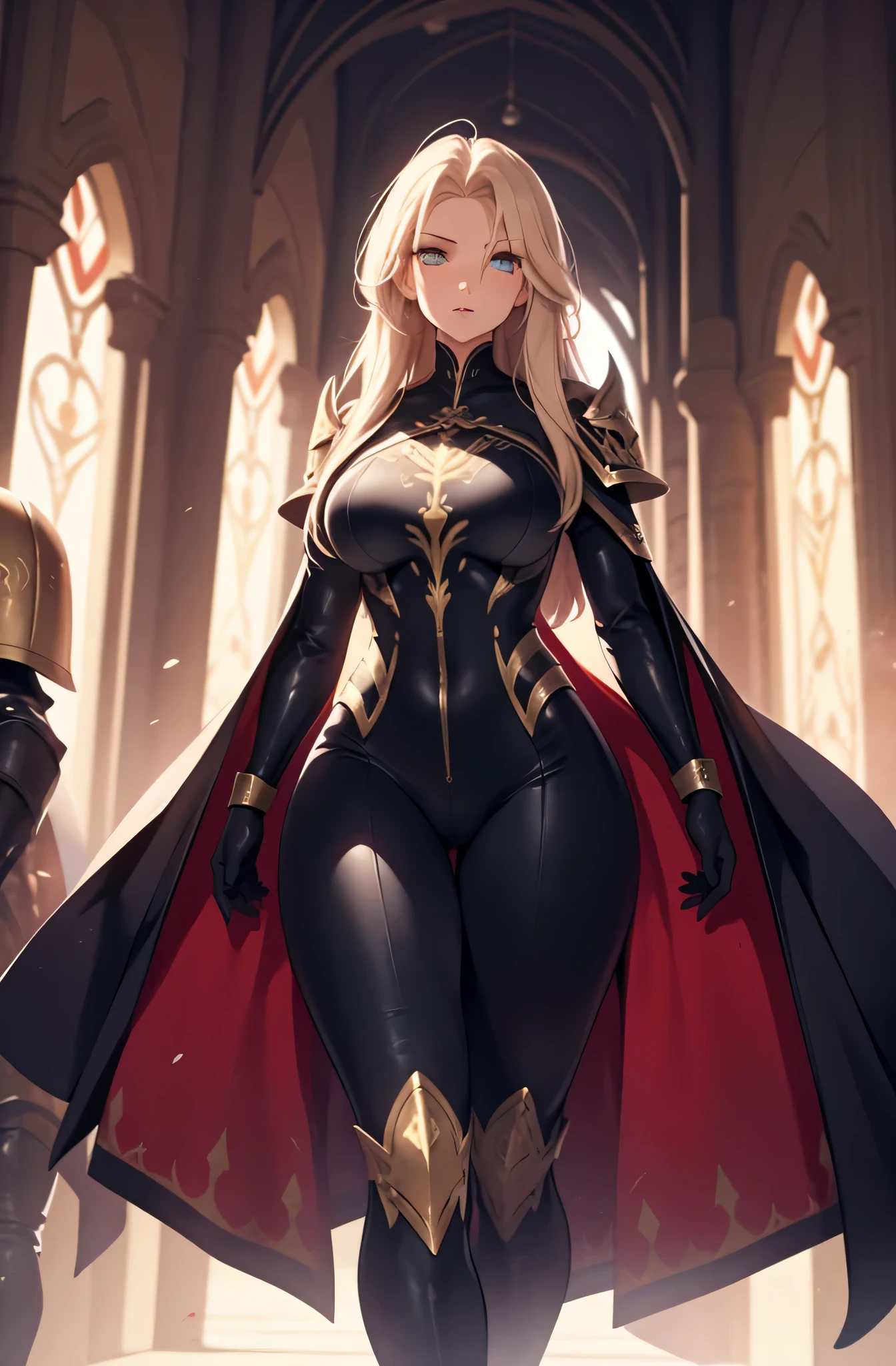 high priestess，Robe，mature woman, female，voluptuous figure，tightsuit，blonde hair, Female, alone, paladin of light, human, light powers, expert fighter, detailed eyes, beautifull face, long hair, defined body, yellow and bright eyes, thick legs, strong legs, tall, Voluptuous legs, black armor, female paladin, huge ass, big hip, big ass, wearing black coat, black and red robes, detailed eyes, big hips, medium armor, tall girl,