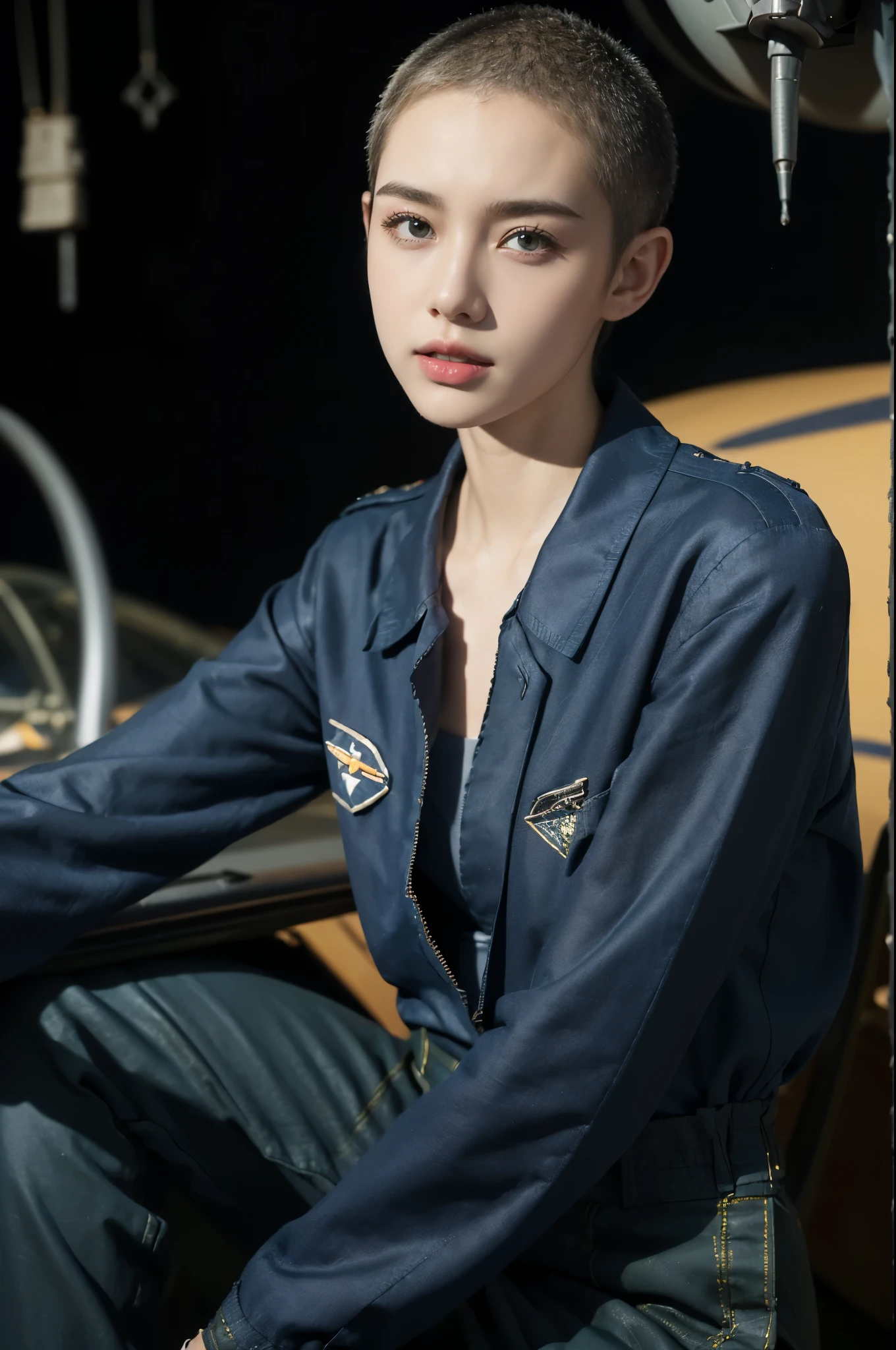 ((((8k))),((Extremely meticulous CG)) ,(wallpaper),16k,((Extremely refined and beautiful)),(((Masterpiece))),(((best qualtiy))),(((Ultra High Resolution))),beautiful light up,Perfect lightning,realistic shaded,(Smooth and flawless skin:1.5),(Extremely exquisite facial details:1.2),(perfect body:1.2),(ultra-detailed),((A beautiful girl,solo)),(small head:1.2),(pale skin:1.3),(buzz cut:1.5),(small face:1.2),(Exquisite makeup:1.2),((slim,thin)),(laughing:1.2),(happy:1.2),(small breasts:1.2),(flat chests:1.2),(dark blue collared military shirt:1.5),(sleeves:1.2),(gloves:1.3),(dark blue pants:1.3),(blue sneakers:1.2),(day scene:1.5),(In the fighter jet repair shop workshop:1.5),(fighter plane:1.5),(indoor:1.3),(Various maintenance tools:1.3),(Various aircraft parts:1.3),(dim lights:1.3),(Cyberpunk style:1.3),(detailed background:1.5),(Sitting on a tire:1.3),(upper body:1.3),(from front:1.3),