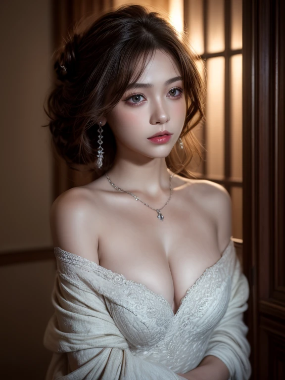 highest quality, masterpiece, ultra high resolution, (realistic:1.5), Raw photo, 1 girl, off shoulder, in the dark, deep shadow, discreet key, cold light, sexy look, luxurious dress、elegant necklace、((small breasts))