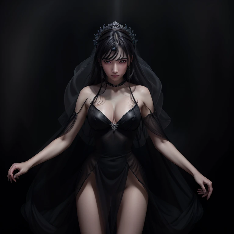Ethereal Ghostly princess, mournful lady, malevolent, fighting in the battlefield casting a dark spell, dark energy aura, full figure portrait, three quarter wiew, masterpiece, 8k resolution, warp space background, Caravaggio art, digital art