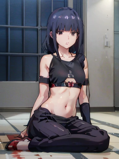 full body, 1 girl, black hair, shoulder length hair, black eyes, small breasts, detailed background, highres, highly detailed face, Detailed eyes, good proportions, pained expression, pained grimace, crying for help, tears, open mouth, bruises, prisoner, prison, death row inmate, traces of blood, iron chains, behind bars, handcuffs, messy hair, fallen down, held on the floor, torn prisoner outfit