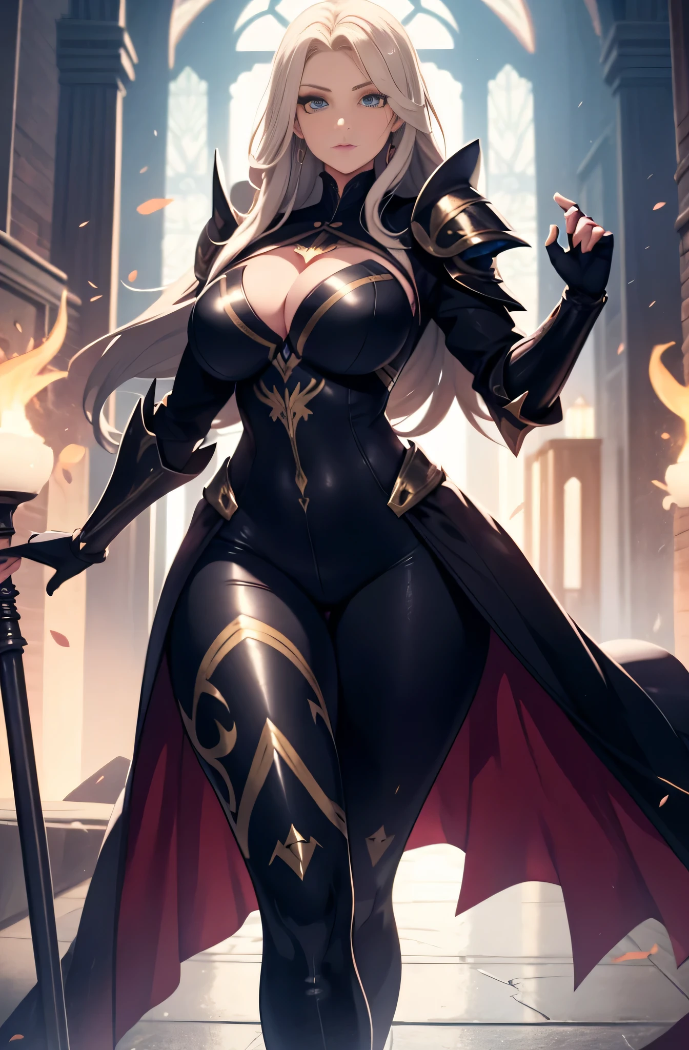 high priestess，Robe，mature woman, female，voluptuous figure，tightsuit，blonde hair, Female, alone, paladin of light, human, light powers, expert fighter, detailed eyes, beautifull face, long hair, defined body, yellow and bright eyes, thick legs, strong legs, tall, Voluptuous legs, black armor, female paladin, huge ass, big hip, big ass, wearing black coat, black and red robes, detailed eyes, big hips, medium armor, tall girl,