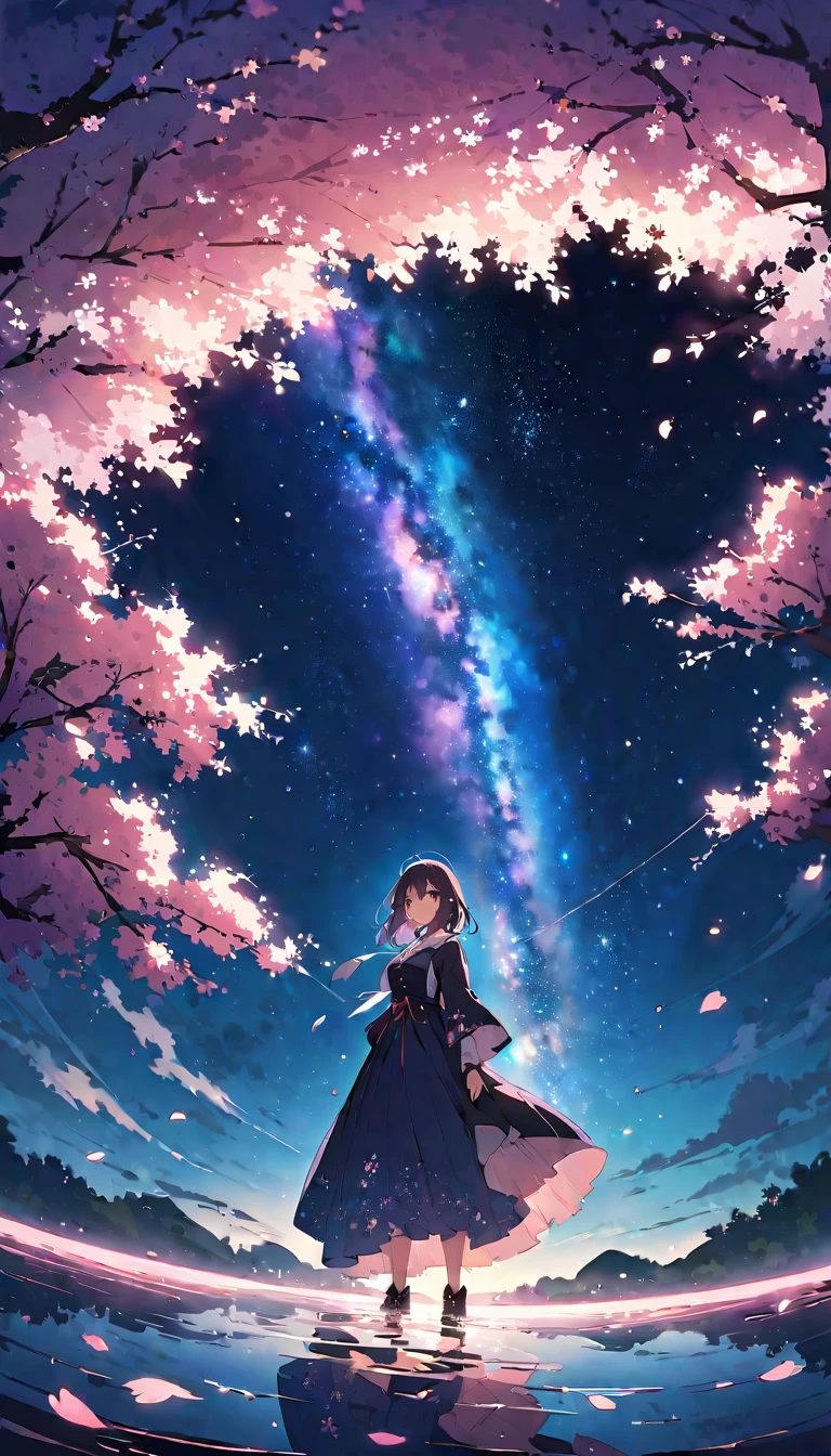 ((best quality)), ((master piece)), ((ultra wide angle)),night,Women、,standing on the salt lake,The water surface is like a mirror,Reflecting the sky。look at the sky,The Milky Way is in the sky,cherry blossoms,ピンクのcherry blossoms,天に向かって伸びるcherry blossomsの巨木